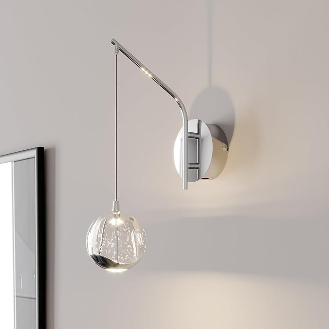 13" Chrome Hanging Wall Sconce Vintage, Integrated LED Bubble Glass Globe, Modern Art Deco Hanging Wall Light for Bedroom, Living Room and Bathroom, Silver, 3000K Warm White, Hardwired