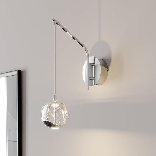 13" Chrome Hanging Wall Sconce Vintage, Integrated LED Bubble Glass Globe, Modern Art Deco Hanging Wall Light for Bedroom, Living Room and Bathroom, Silver, 3000K Warm White, Hardwired
