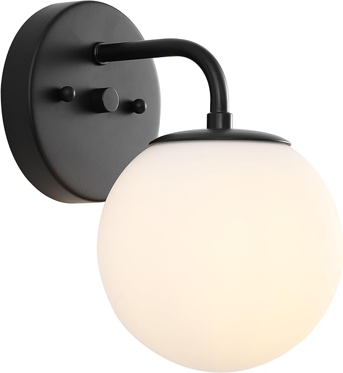 JONATHAN Y 5.75" Black 1-Light Modern Globe Wall Sconce Vanity Light for Bathroom, White Frosted Glass Shade, Midcentury Parisian Bistro Wall Lamp, LED Bulb Included (JYL3534B)