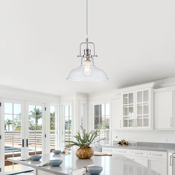 WILON Seeded Glass Pendant Lights,11 Inch Sand Nickel Pendant Lights Kitchen Island with E26 Base Vintage Hanging Ceiling Lamp for Kitchen Sink Hallway Dining Room Entry Hall(Sand Nickel Color)