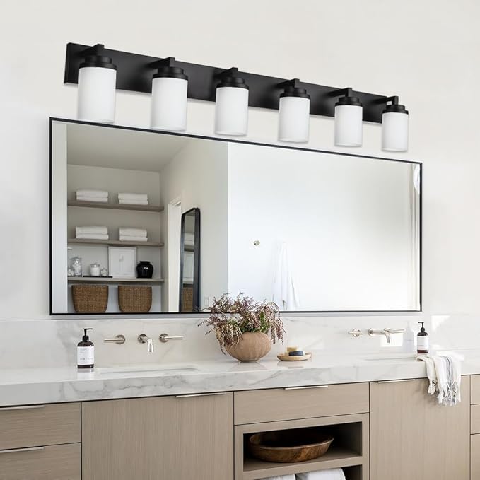 TODOLUZ Matte Black Bathroom Light Fixtures, 6-Lights Vanity Lighting Over Mirror with Opal White Glass Shades, Farmhouse Wall Lamp E26 Bulb Base