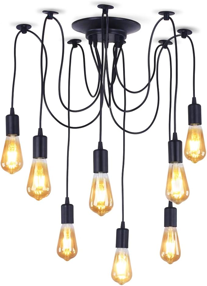 Finktonglan 8-Light Spider Pendant Chandelier, Adjustable 48.4" Cords, E26 Sockets, Black Modern Farmhouse Multi-Light Ceiling Fixture for Kitchen Island, Dining Room & Foyer