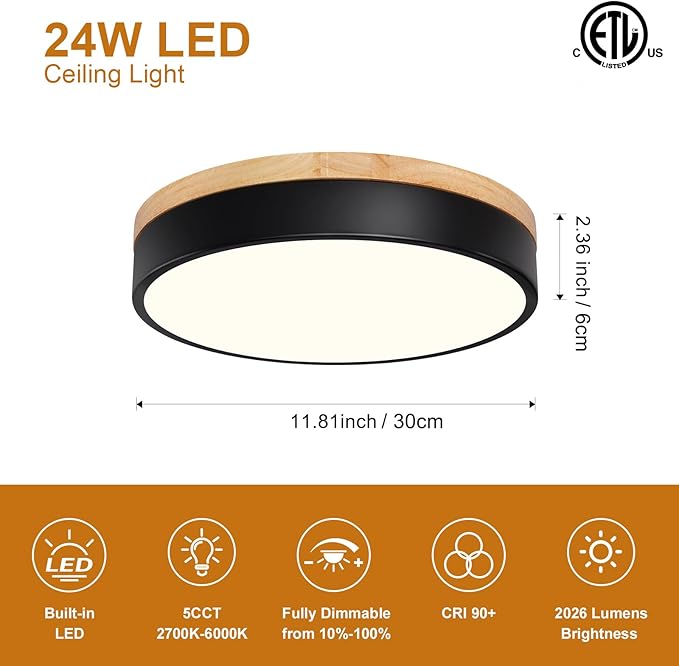 Modern Wood Flush Mount Ceiling Light, Black LED 5CCT 2700K-6000K Dimmable Ceiling Light Fixtures, Round Close to Lighting Fixture for Kitchen Entryway Hallway Bedroom Laundry Room-11.8in