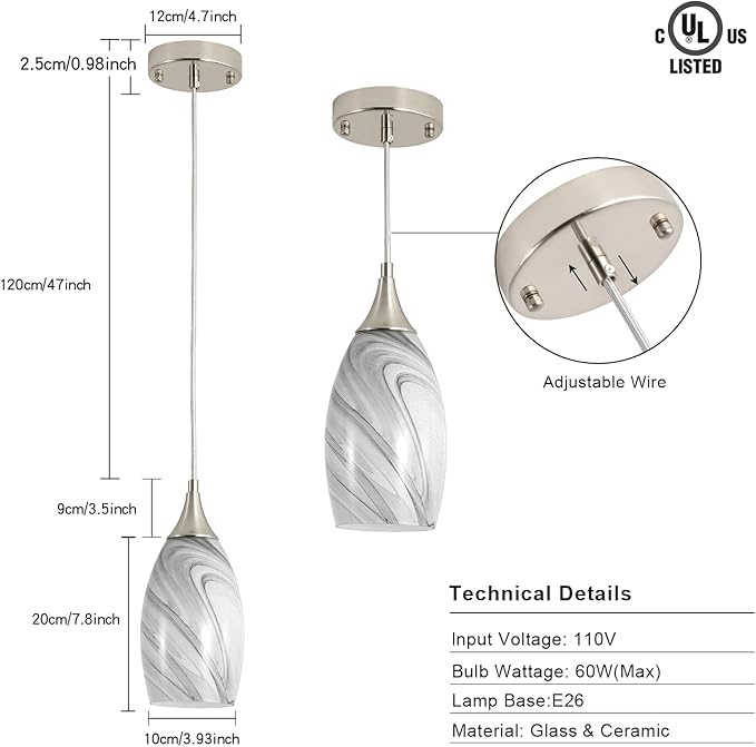 Kitchen Pendant Lighting for Island, Modern Edison Hanging Light with Handcrafted Art Glass, Adjustable Nylon Core Ceramic Holder Lighting Fixture Indoor for Dining Room, Entryway (Bulb Not Included)