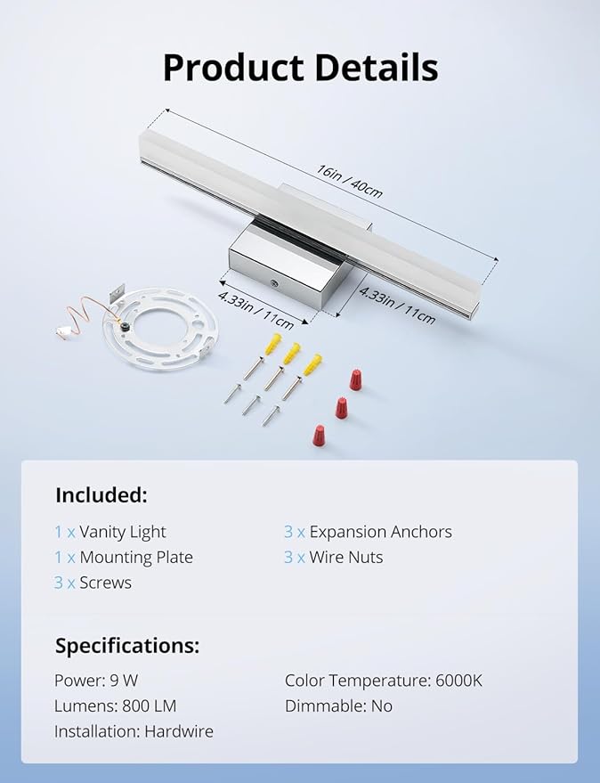 Combuh Modern Bathroom Light Fixtures Over Mirror, 16 Inch IP44 9W Chrome Vanity Light Bar for Bathroom, Wall Light Fixtures Cool White 6000K