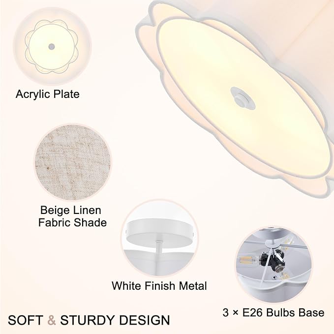 Drum Semi Flush Mount Ceiling Light, White Linen Fabric Shade Ceiling Light, Modern Farmhouse Close to Ceiling Light for Bedroom, Hallway, Living Room, Dining Room, Laundry Room