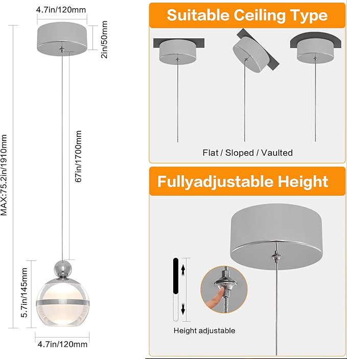 Modern Pendant Light Globe Hanging Pendant Lighting Chrome Small Chandelier Light Fixture for Kitchen Island Bedroom Dining Room Bar (1-Lights)