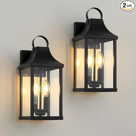 Outdoor Wall Sconces Set of 2, 15‘’ Black Outside Wall Mounted Light Fixture, Exterior Farmhouse Wall Sconce Lantern 2-Light, Modern Porch Lighting Exterior Lamp for House, 2 Pack