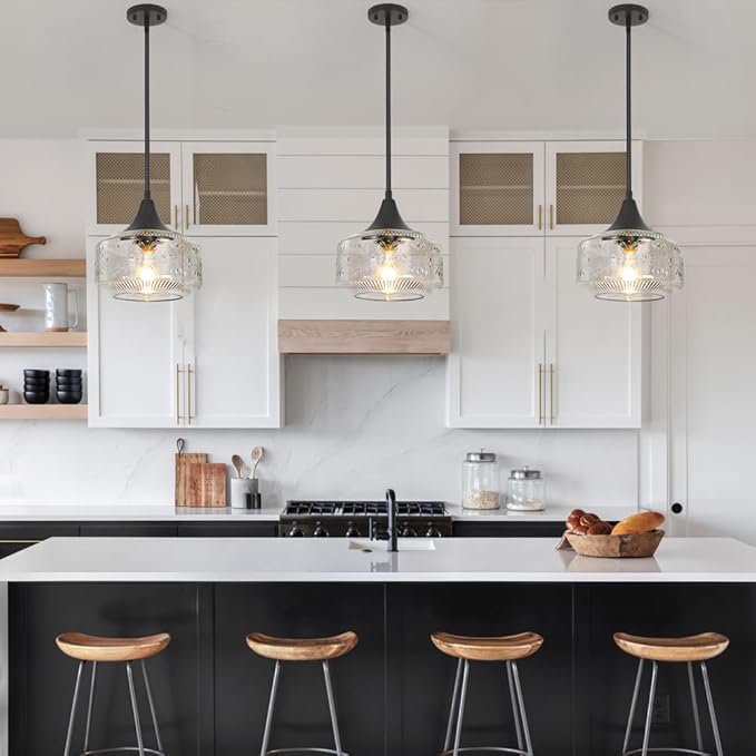 Black Pendant Lights Kitchen Island, Pendant Light with Large Thickened Glass Lampshade, Vintage Pendant Light Hanging Light Fixture for Dining Room Hallway Bedroom, E26 Base & Adjustable Cable