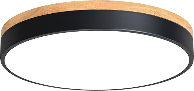 Yiisem Dimmable Wood LED Flush Mount Ceiling Light, 5CCT 2700K-6000K Modern Black Close to Ceiling Lighting Fixtures, Minimalist Round Ceiling Lamp for Living Room, Bedroom, Laundry Room