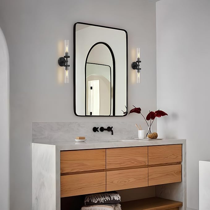 Black Bathroom Vanity Wall Sconces 2-Light Glass Tube Wall Sconce 21in Horizontal or Vertical Linear Wall Sconces Black Vanity Light Indoor Wall Sconce E26 Bulb Included