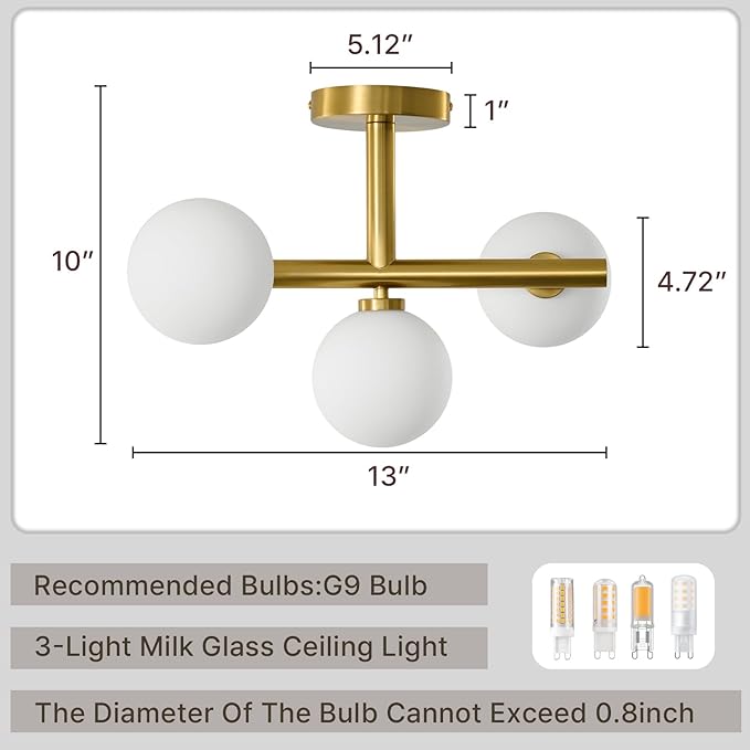 Globe Milk Glass Ceiling Light: Gold 3 Lights Sputnik Chandelier - Linear Mid Century Modern Semi Flush Mount Ceiling Light - 13 Inch Brass Lighting Fixture with Sphere Shade for Bedroom Living Room