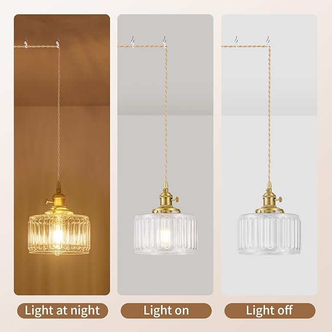 Plug in Pendant Light, Hanging Lights with Plug in Cord, Hanging Light Fixture with Clear Glass, E26 Pendant Lighting for Kitchen Island, Bedroom, Living Room-Transparent Color