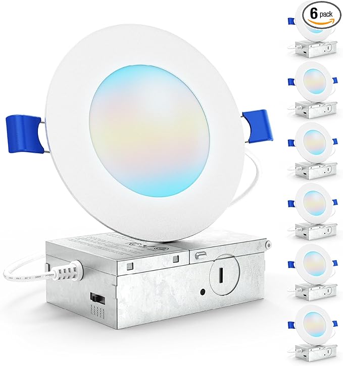 Sunco 6 Pack 4 Inch LED Recessed Lights, Canless Ceiling Light Slim, 700 LM, 10W, Selectable CCT 2700K/3000K/4000K/5000K/6000K, Dimmable, Wafer Thin, with Junction Box ETL