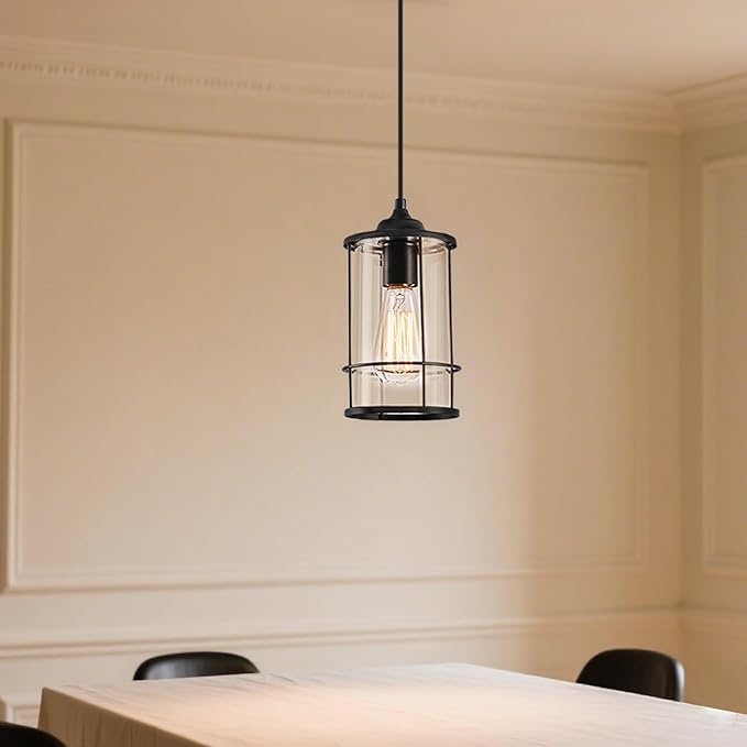 AKEZON Black Pendant Light Kitchen Island Glass Pendant Light Fixture, Kitchen Hanging Lights with Clear Glass, Modern Farmhouse Cage Pendant Lights for Dining Room Hallway Bathroom