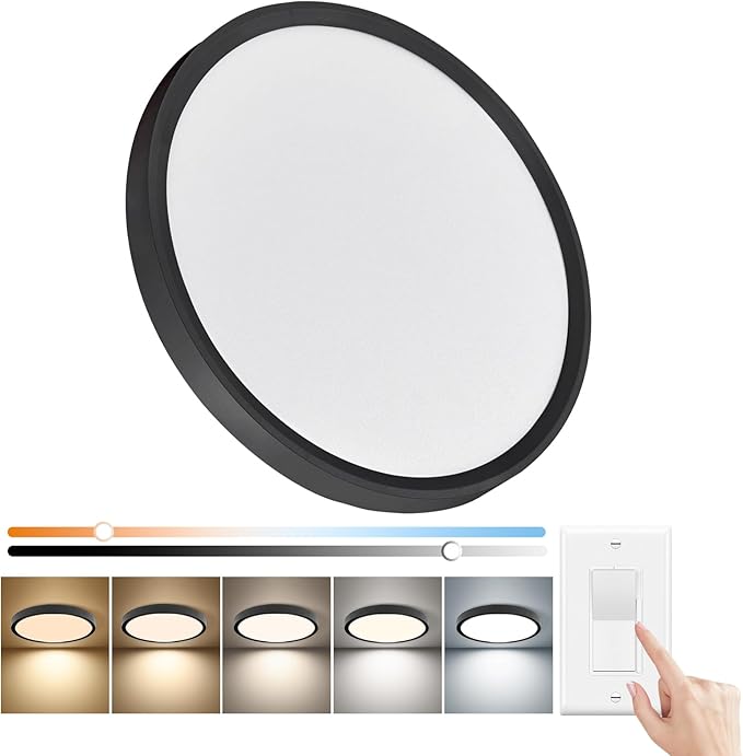 15.8 Inch Dimmable LED Flush Mount Ceiling Light, 32W, 3480LM, 3000K/3700K/4000K/5000K/6000K, Round Flat Panel Low Profile Ceiling Light Fitures for Hallway, Kitchen, Bedroom, 1PK Black