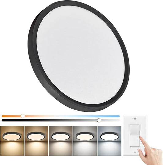 15.8 Inch Dimmable LED Flush Mount Ceiling Light, 32W, 3480LM, 3000K/3700K/4000K/5000K/6000K, Round Flat Panel Low Profile Ceiling Light Fitures for Hallway, Kitchen, Bedroom, 1PK Black