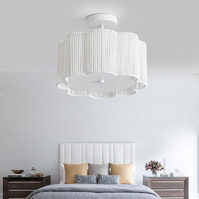 3-Light Woven Snow Plum Blossom Ceiling Light - Boho Handwoven Rattan Bedroom Fixture, 13-14 Inch Natural Fiber Flush Mount for Nursery