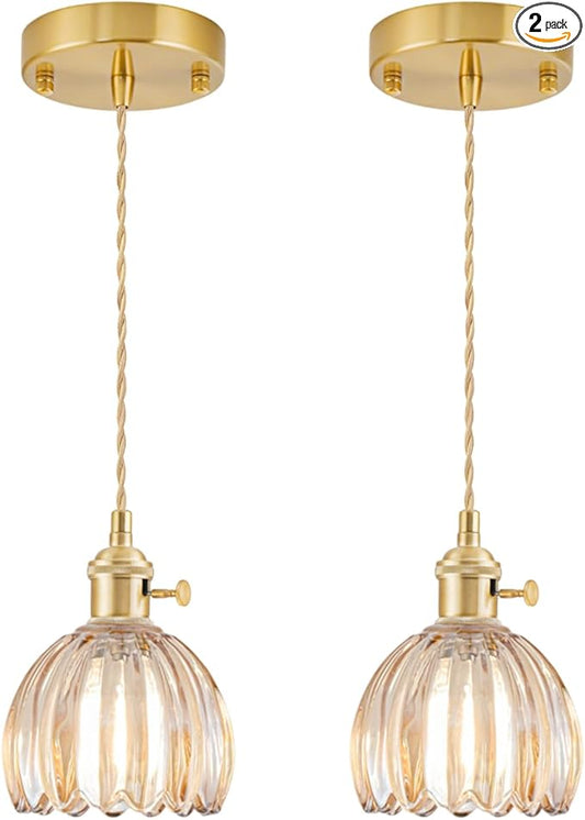 Mini Pendant Lights Kitchen Island 2 Pack, Small Adjustable Pendant Light Fixture with Amber Tulip Glass Lampshade, Vintage Gold Pendant Lighting, Pendant Light for Bedroom Dining Room Hallway