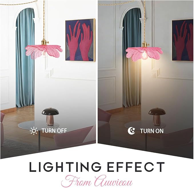 Pink Glass Flower Petal Hanging Light Plug in Pendant Light for Ceiling, 15.7" Gold Mid Century Boho Ceiling Pendant Lighting for Bedroom Living Dining Room, Beautiful Light Fixtures