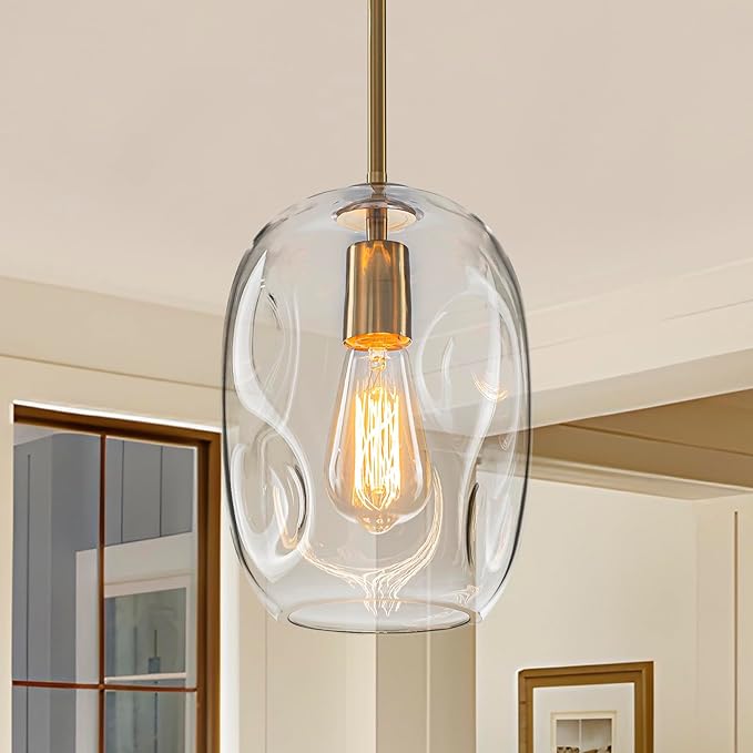 Glass Pendant Lights Kitchen Island -1 Light Gold Hanging Light Fixture Bar Modern Pendant Lighting Ceiling with 9.6" Height Clear Thick Organic Glass Shade for Kitchen Sink Dining Table,E26,1 Pack