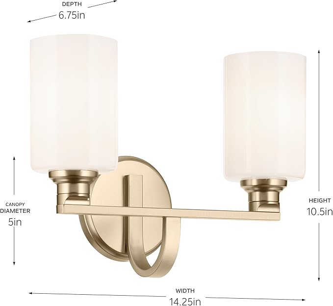 Kichler Gioe 14.25" 2-Light Bathroom Vanity Light Fixture with Opal Glass in Champagne Bronze, Damp Rated for Bathroom, Powder Room, Over Mirror (14.25" W x 10.5" H), 55225CPZ