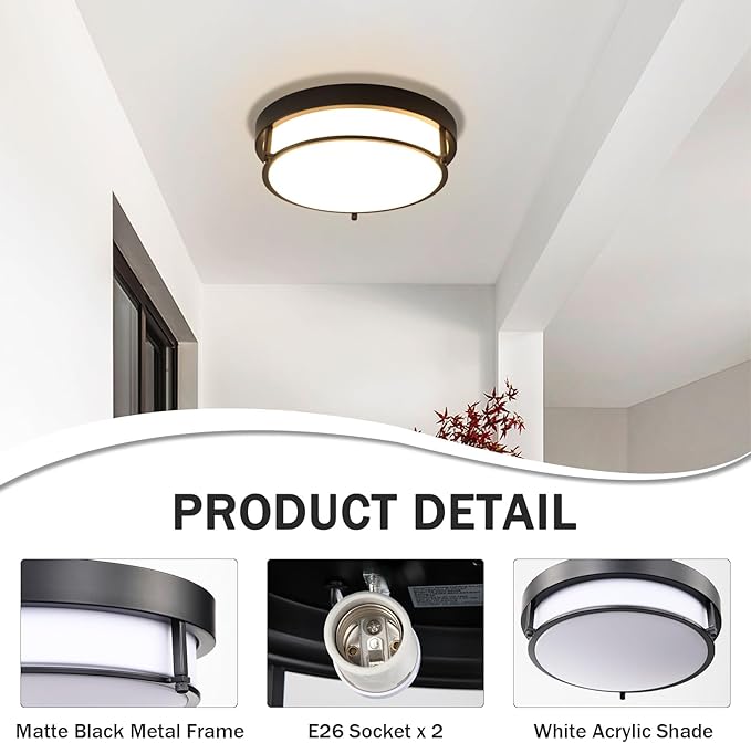 2 Pack Black Flush Mount Ceiling Light, 12 inch 2-Light Modern Light Fixtures Ceiling Mount for Kitchen Living Room Bedroom Hallway Enteryway, E26 Socket