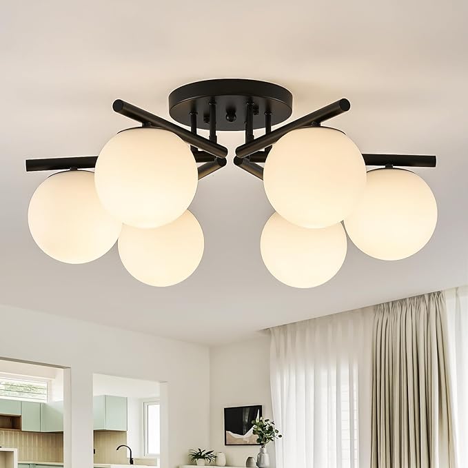 6-Light Sputnik Ceiling Light Fixture, Semi Flush Mount Ceiling Light with Milk Glass Globes, Black Mid Century Modern Chandelier for Living Room Bedroom Dining Room Hallway