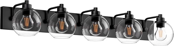 Espird 5 Light Bathroom Light Fixtures-Matte Black Bathroom Vanity Lights, Modern Vanity Lights 5-Light Bathroom Lighting Fixtures Over Mirror with Clear Glass Globe Shade
