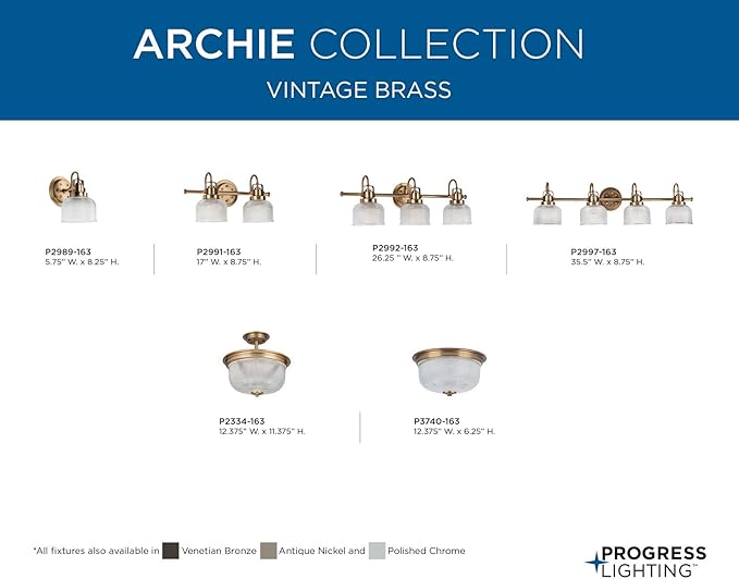 Progress Lighting P2992-163 Archie Collection Clear Double Prismatic Glass Coastal Bath Vanity, 3-Light, Vintage Brass