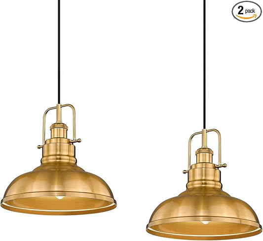 zeyu 2 Pack Farmhouse Pendant Lights, 11-inch Industrial Ceiling Pendant Light Fixture with Metal Dome Shade, Gold Finish, 016-1-2PK BG