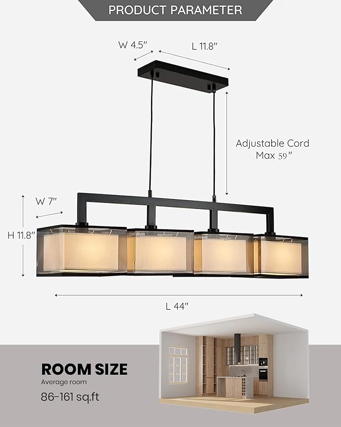 Linear Chandelier for Dining Room, Modern 4 Light Kitchen Island Lighting with Fabric Lampshade, Rectangular Chandeliers for Living Room Restaurant, Black, L44IN x W7IN x H12IN