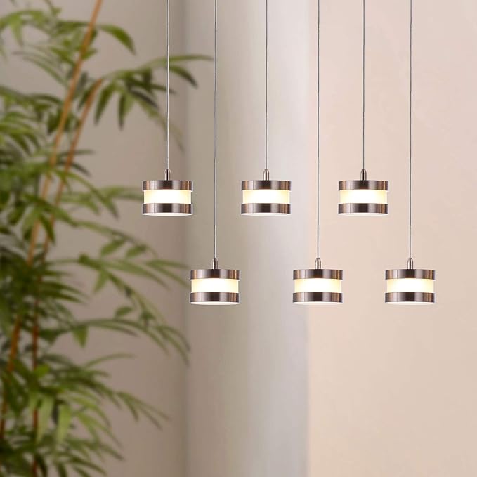 Mercury 6 Mini Pendant Lighting Nickel - LED Hanging Light Fixture for Kitchen Island, Bar, Foyer - Cluster Pendants - Dimmable, Adjustable Wire, Lamp Bulb Included