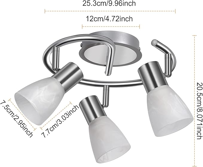 HiBay 3-Light Ceiling Light Fixture, Modern Sliver Adjustable LED Track Lighting Round Spot Lights, Directional Spotlight with Glass Shade for Kitchen Bedroom, Incl 3× 4W E12 Bulbs