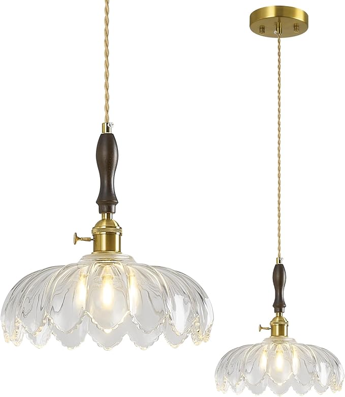 Modern Clear Glass Pendant Light Retro Flower Glass Hanging Lamp Gold Brass Decorative Adjustable Ceiling Hanging Light Suitable for Kitchen Island Bedroom Dining Room Living Room