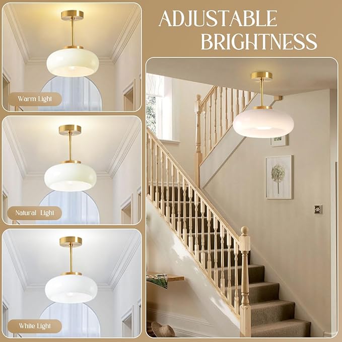 Gold Ceiling Light 1-Light White Glass Semi Flush Mount Ceiling Light Fixtures Mid Century Brass Flush Mount Lamp Milk Glass Shade Modern Close to Lamp for Hallway Bedroom Kitchen