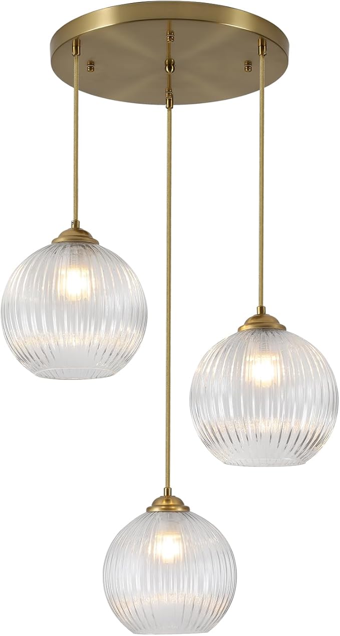 3-Light Pendant Light Fixtures Brushed Gold Kitchen Island Lighting Modern Clear Glass Cluster Pendant Lights Chandelier Adjustable Cord Antique Brass Hanging Light for Dining Room MPL30-3B