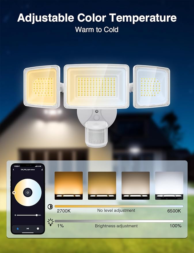 Onforu 100W 9000LM Smart LED Security Lights Motion Sensor Outdoor,WiFi Alexa Flood Light APP Control, 2500K-6500K, Motion Detector with Adjustable 3 Head, IP65 Wall Light for Yard (White)