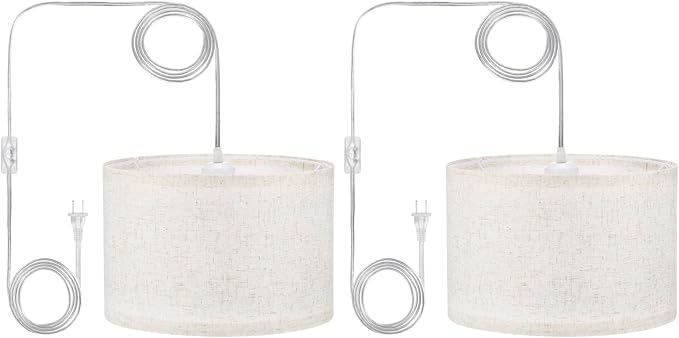 PATIKIL Plug in Pendant Light, 2 Pack 15Ft Rope Cord Hanging Lamp Fixture with ON/Off Switch, Linen Fabric Shade E26/E27 Bulb Socket for Bedroom Kitchen Living Room, Beige