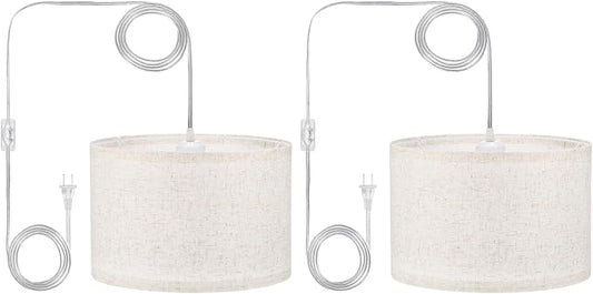 PATIKIL Plug in Pendant Light, 2 Pack 15Ft Rope Cord Hanging Lamp Fixture with ON/Off Switch, Linen Fabric Shade E26/E27 Bulb Socket for Bedroom Kitchen Living Room, Beige
