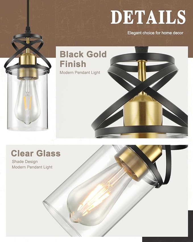 Modern Pendant Light Fixture, Black Gold Farmhouse Hanging Light for Kitchen Island, Industrial Clear Glass Pendant Lighting for Dining Room Bedroom, 3-Pack