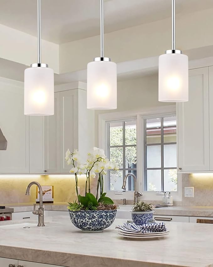 Adjustable Brushed Nickel Pendant Lights, 2-Pack, White Frosted Glass Shade, Mini Pendant Lights for Bedroom, Living Room, Dining Room, Kitchen Island