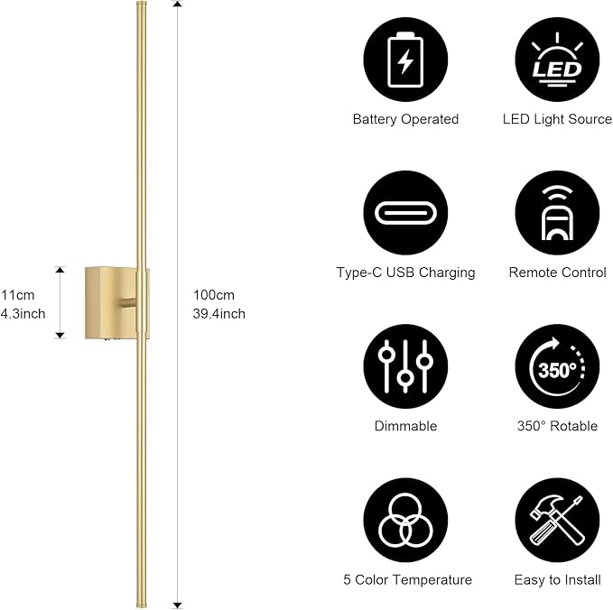 Battery Operated Wall Sconce, 5CCT Dimmable Gold Wall Lights with Remote Control, Timable LED Wireless Wall Sconces, 350° Ratate for Bathroom, Living Room, Hallway 39.4 Inch 1 Pack
