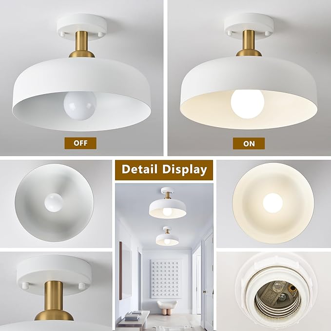 Modern Semi Flush Mount Ceiling Light,Mid Century Hallway Ceiling Light Fixture,E26 Ceramic Lamp Head,White and Gold Light Fxiture Ceiling for Kitchen Entryway Bedroom Hall Entry (12.6 in)