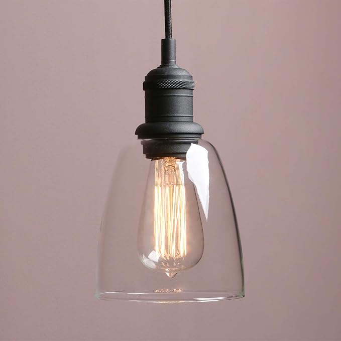 Yosoan 1-Light Vintage Edison Hanging Pendant Light, Indoor Modern Hardwired Mini Oval Cone Clear Glass Shade for Kitchen Bathroom Porch Living Room Dinning Room Office Restaurants Bar Island(Black)