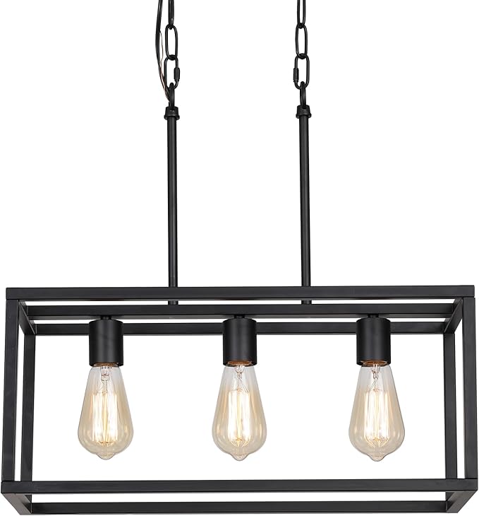 AMZASA 3-Light Black Linear Chandelier Modern Rectangle Farmhouse Dining Room Light Fixture for Kitchen Island Bar UL Listed
