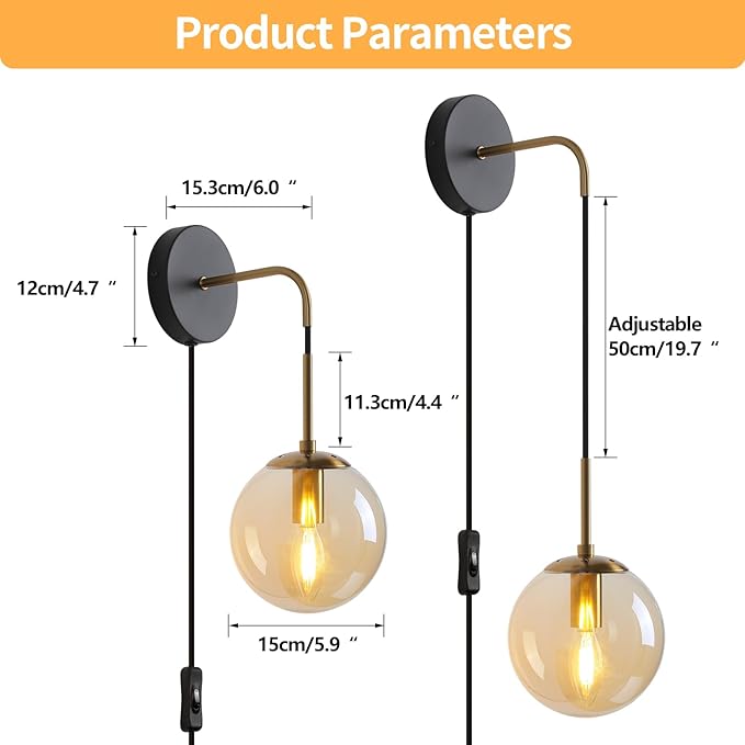 Wall Sconces Set of Two Black and Brass Gold 🔥🔥🔥 Plug in Wall Sconces Set of 2 with Globe Amber Glass Shade Wall Lights Wall Lamps for Bedrooms Sconces Wall Decor Set of 2 with Plug in Cord Switch