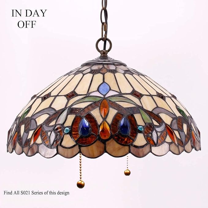 WERFACTORY Tiffany Pendant Light Fixture Serenity Victorian Stained Glass Hanging Lamp Wide 16 Inch, Height 40 Inch S021 Series