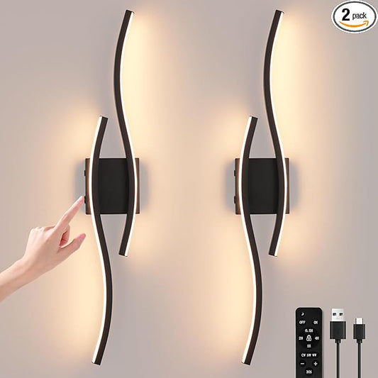 Modern LED Wall Sconce set of Two, Battery Powered Wall Sconces set of 2 with Timer, Black Wall Light with Remote, LED Wall Lamp indoor not hardwired for Bathroom Living Room Bedroom Corridor