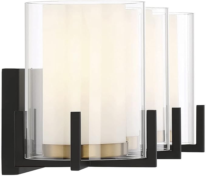 Savoy House 8-1977-3-143 Eaton Traditional Clear/White Opal Chimney Glass Bathroom Vanity, 3-Light 180 Total Watts, 8" H x 24" W, Matte Black & Warm Brass
